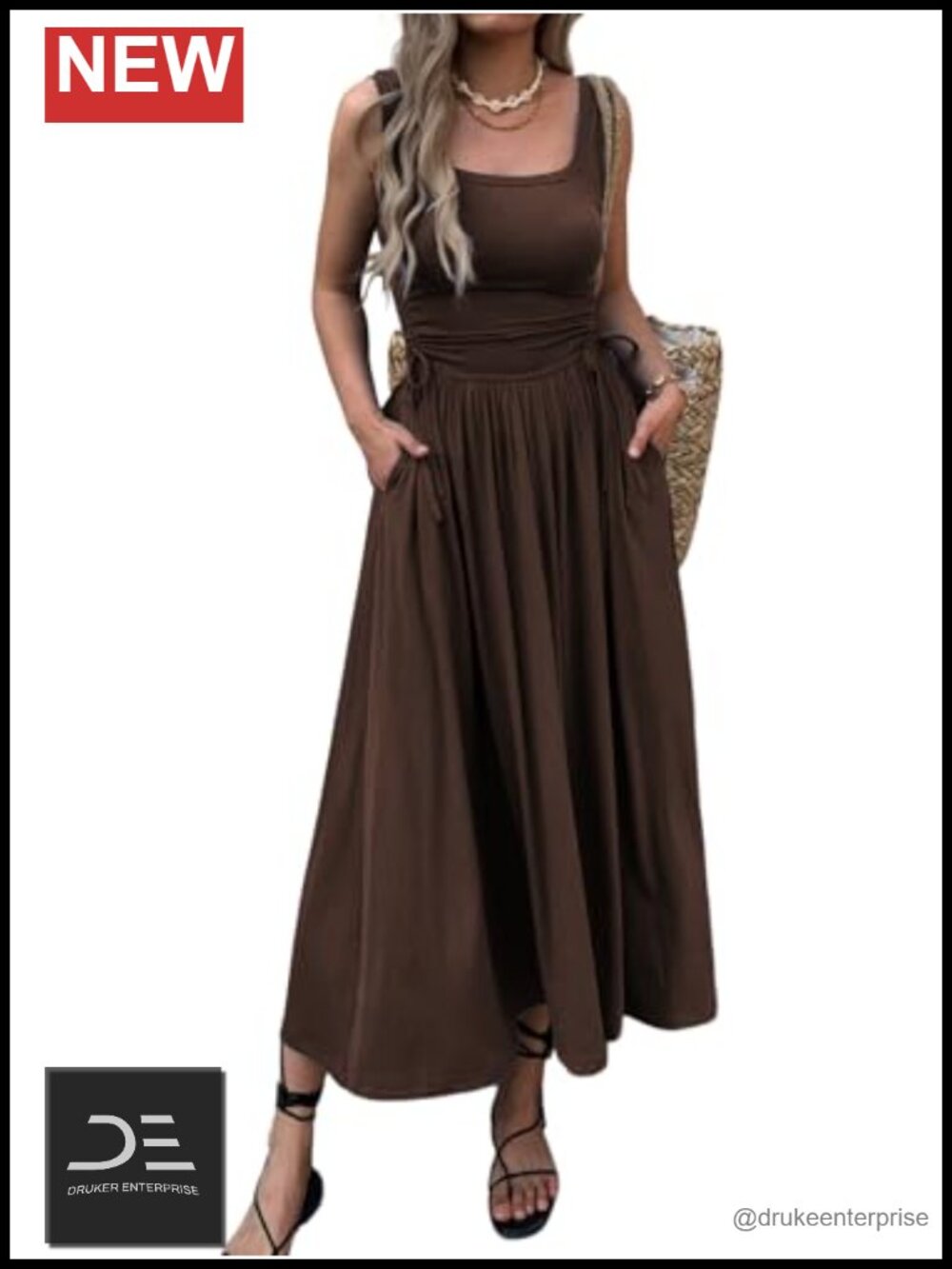 Boho Summer Maxi Dress Sleeveless Ruched Sundress with Pockets